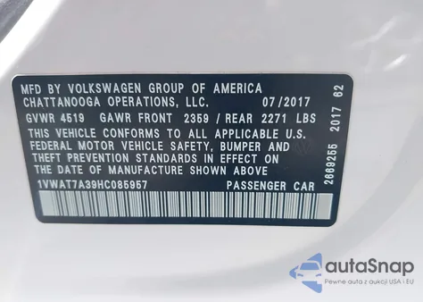 2017 Volkswagen Passat 1.8T S z USA, uszkodzony, nr VIN 1VWAT7A39HC085957